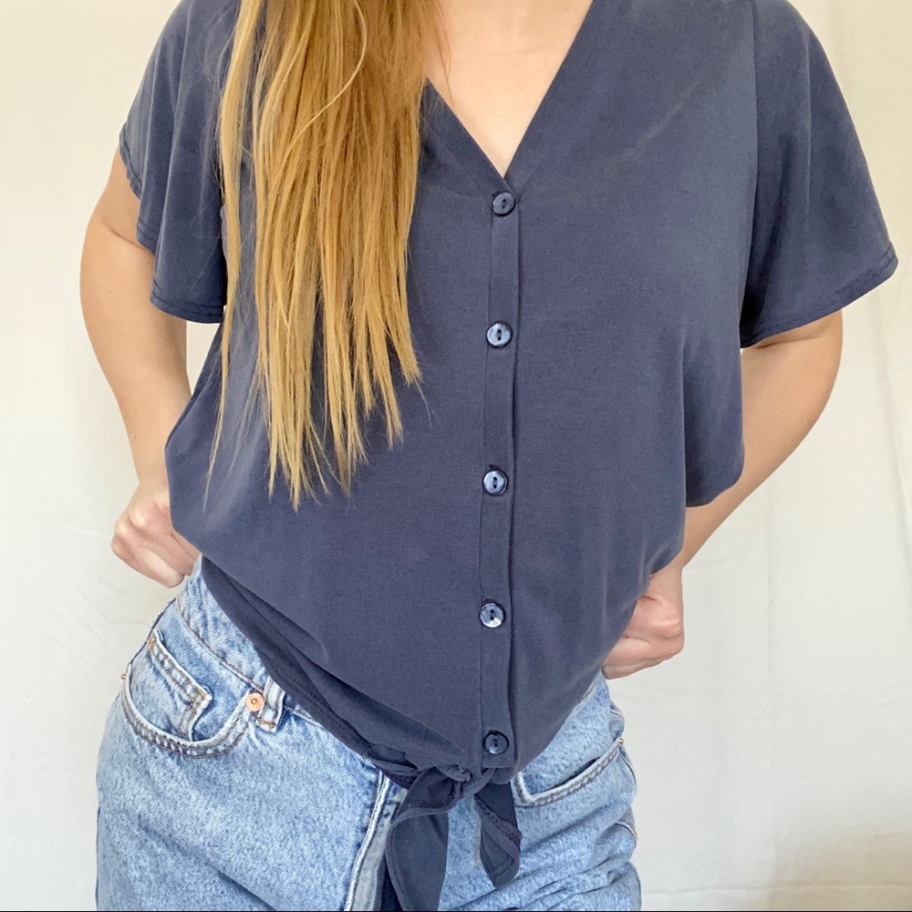Boxy Tie Front Button-Down Blouse
